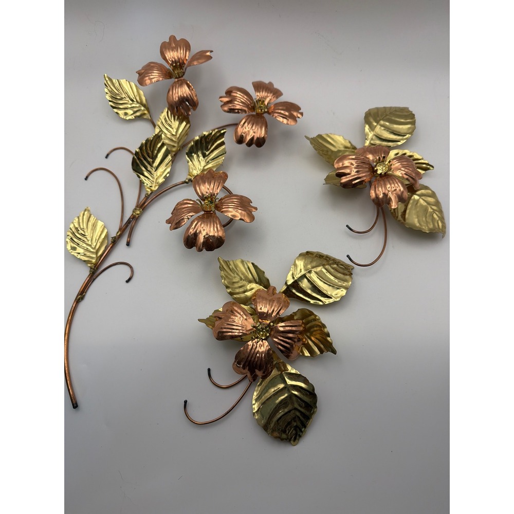Vintage MCM Copper and Brass Dogwood Flower Metal Wall Art Set of 3 Mixed Metal